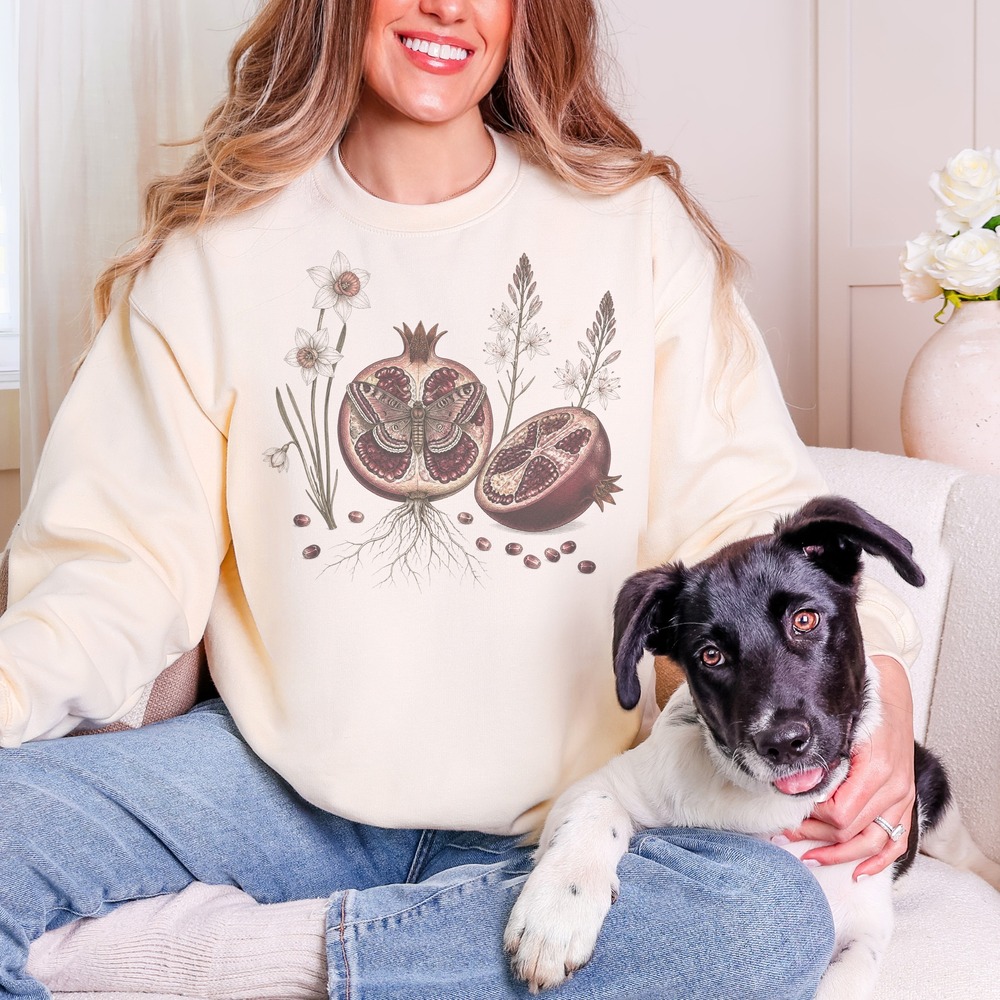Moth Resting on Pomegranate Cross-Section Botanical Sweatshirt